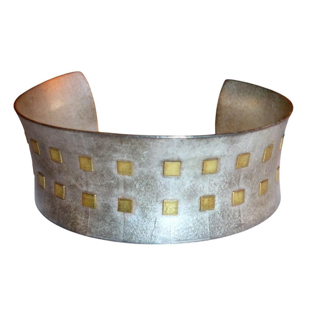 Vintage Studio Modernist Flared Concave Cuff Bracelet Two Tone Gold Squares Art